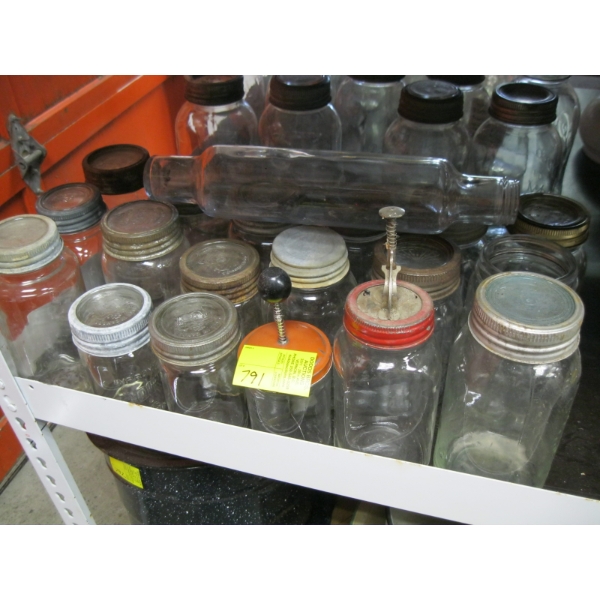 ASST. CANNING JARS, GLASS ROLLING PIN, ETC.