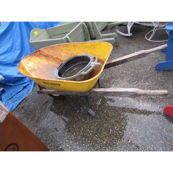 METAL YELLOW WHEELBARROW & OIL TRAP
