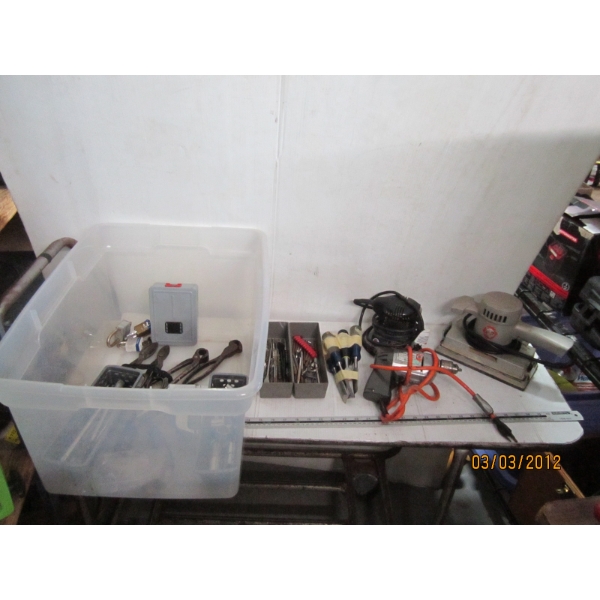 BIN W/MISC. SANDERS, DRILL, DRILL BITS, SOCKETS, LOCKS, ETC.