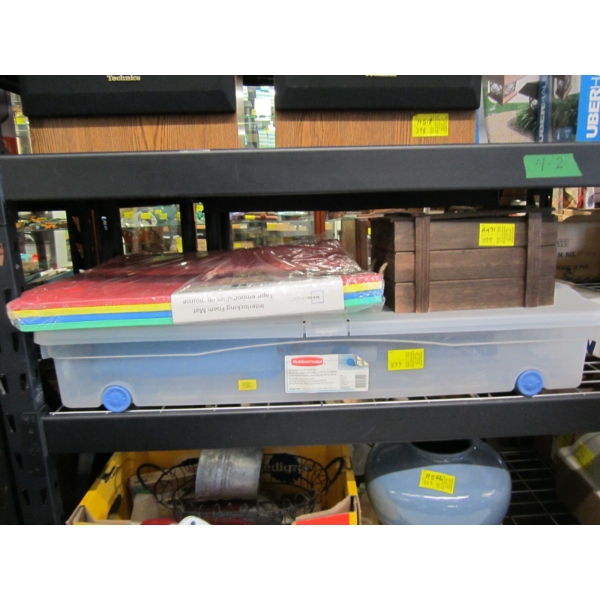 LG. BIN W/ASST. NEW SHELVING, FOAM MATS & WOODEN BOX