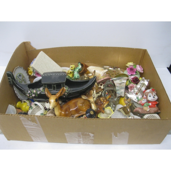BOX OF MISC. CHALKWARE, CHINA FLORALS, ETC.