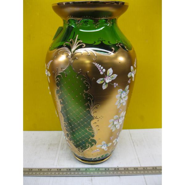 LG. GOLD EMBOSSED W/PAINTED FLOWER VASE OVER GREEN GLASS