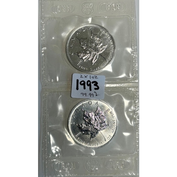 2 - 1993 1 OZ .999 SILVER MAPLE LEAFS (TAX EXEMPT)