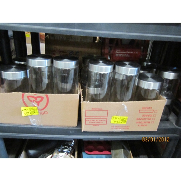 2 FLATS + OF GLASS CANNISTERS W/METAL LIDS