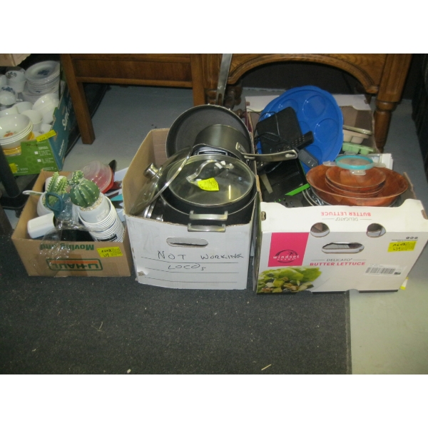 3 BOXES OF MISC. - POTS & PANS, UTENSILS, BAKING DISHES, ETC.