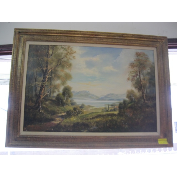 LG. ORIGINAL OIL PAINTING OF LAKE & MOUNTAIN, SIGNED