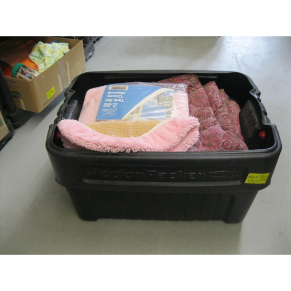 PLASTIC BIN W/ASST. QUILTS, BLANKETS, ETC.