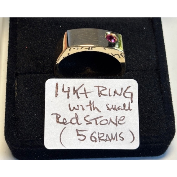 14KT RING W/SMALL RED STONE, 5G, SZ 8