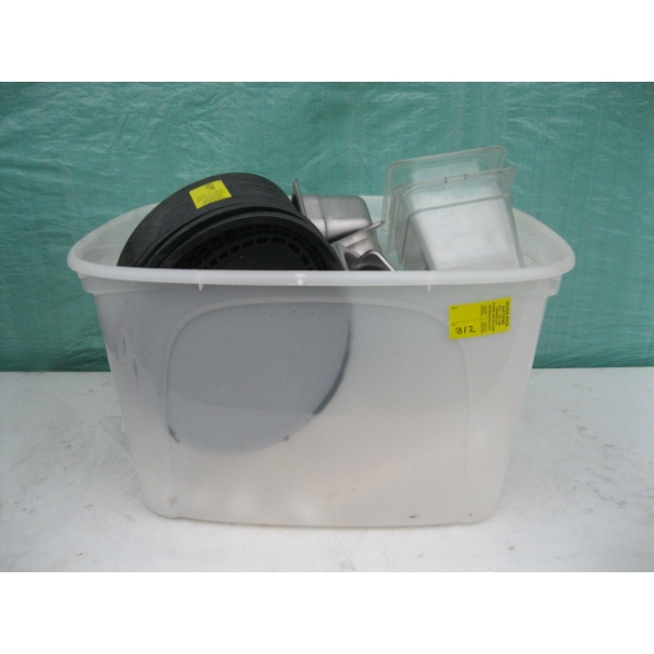 BIN OF ASST. STAINLESS STEEL PANS, PLASTIC BASKETS, ETC.