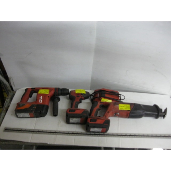 HILTI HAMMER DRILL, 1/2" IMPACT GUN, RECIPROCATING SAW & CHARGER W/3 BATTERIES
