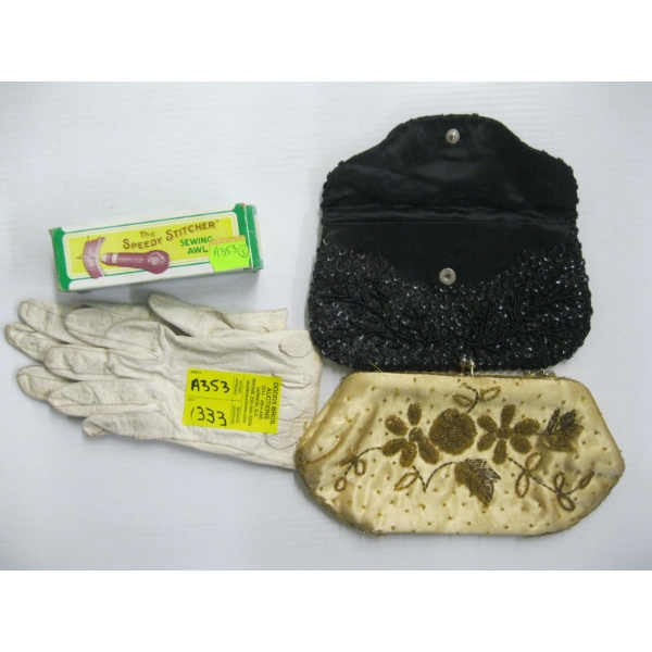 PAIR OF ANTIQUE LEATHER GLOVES, 2 SM. PURSES & SPEEDY STITCHER