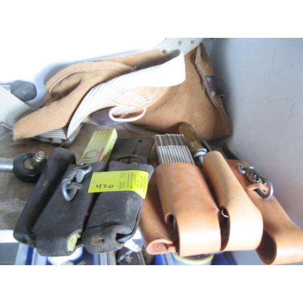 NAIL POUCH & ASST. TOOL HOLDERS W/MISC. RULERS, ETC.