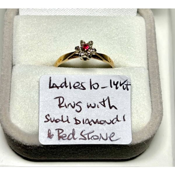 LADIES 10-14KT RING W/SMALL DIAMONDS & RED STONE, SZ 5 1/2