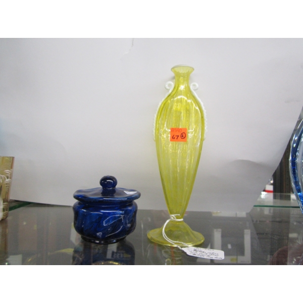 ART GLASS BUD VASE W/MILK GLASS & SM. LIDDED COBALT BLUE DISH