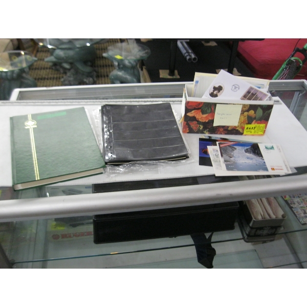 POSTCARDS, ENVELOPES & STAMP BINDER W/EXTRA STAMP SLEEVES