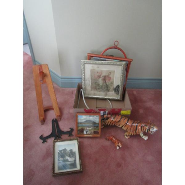 MISC. PICTURES, TIGER FIGURINE, WOODEN STAND, ETC.