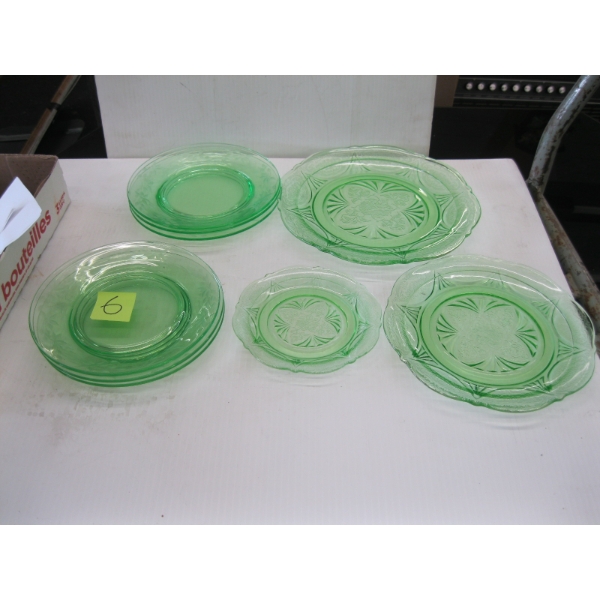 URANIUM GLASS PLATE SETS & 3 PC GRADUATING SIZE SET