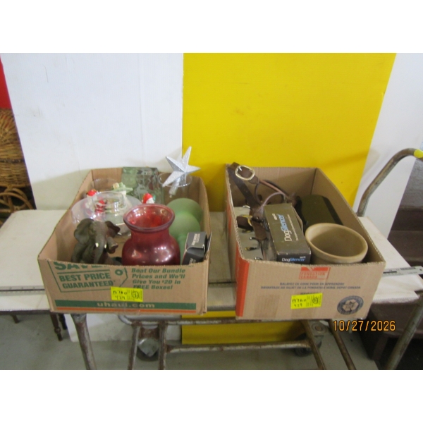 2 BOXES OF MISC. DOG BARK CONTROL, HORSE HALTER, VASES, FIGURINES, ETC.