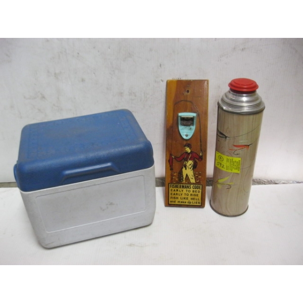 FISHERMAN'S CODE BOTTLE OPENER, THERMOS & PLASTIC COOLER