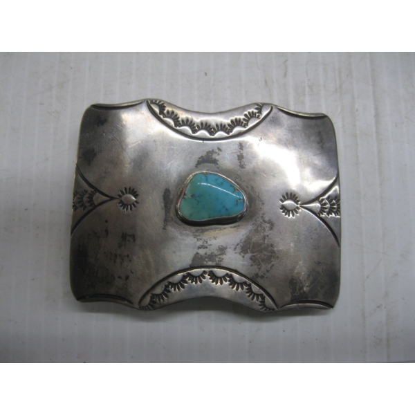 NAVAJO SILVER BELT BUCKLE W/SINGLE TURQUOISE STONE
