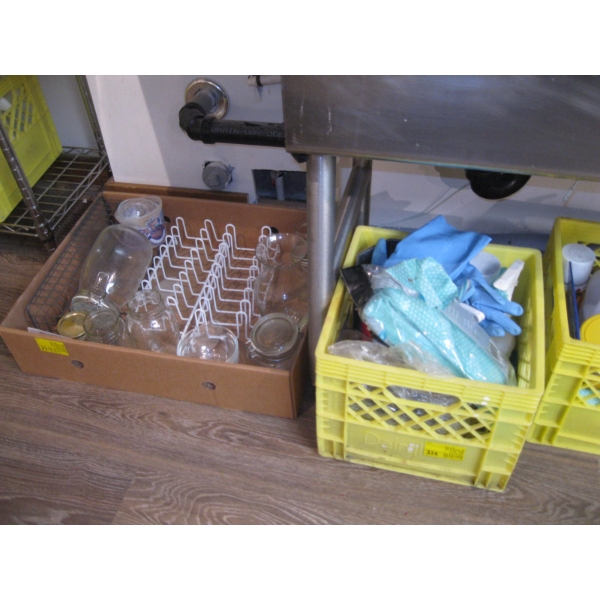 CRATE OF MISC. RUBBER GLOVES, CLEANERS & BOX OF MISC. DRYING RACKS, CANNING JARS, ETC.