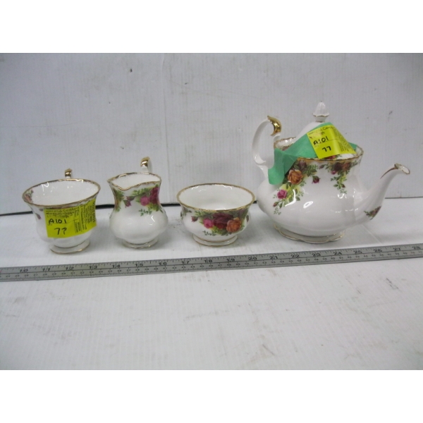 ROYAL ALBERT OLD COUNTRY ROSE TEAPOT W/CREAM & SUGAR & 1 TEACUP