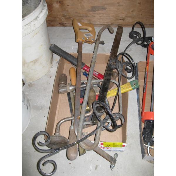 MISC. MEAT HOOKS, DRILL BRACE, MEAT SAW, ETC.