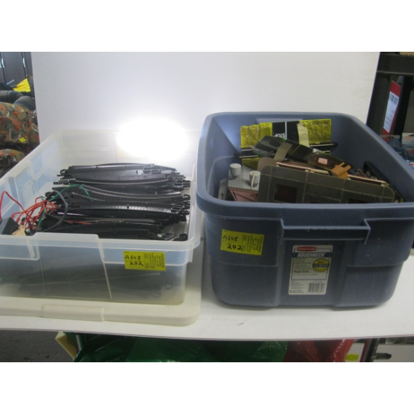 2 BINS OF MISC. CURVE TRACK, TRANSFORMER, BUILDINGS, ETC.