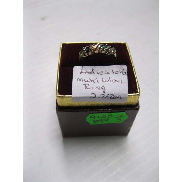 LADIES 10KT MULTI COLORED STONE RING, 2.25G, SZ 5