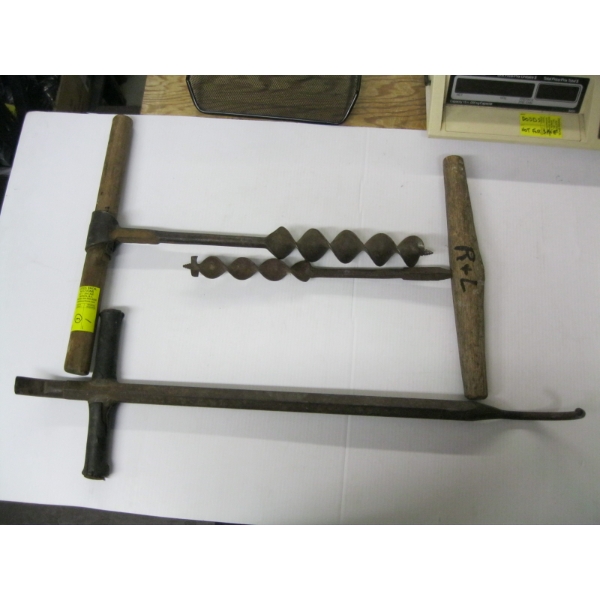 2 ANTIQUE AUGERS & AN ANTIQUE PRYBAR