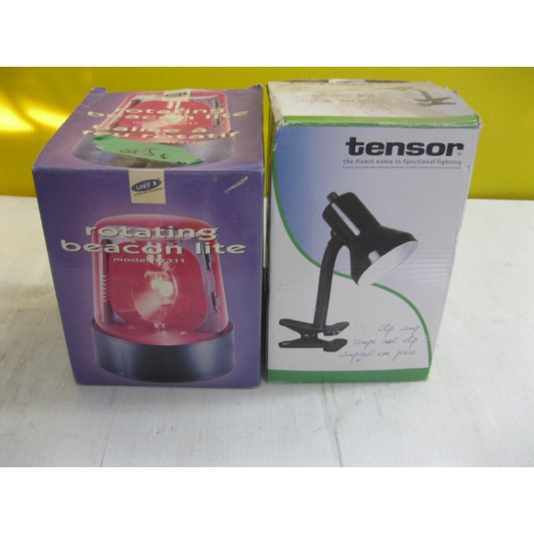 RED FLASHING LIGHT, ROTATING BEACON LIGHT & CLIP ON DESK LAMP