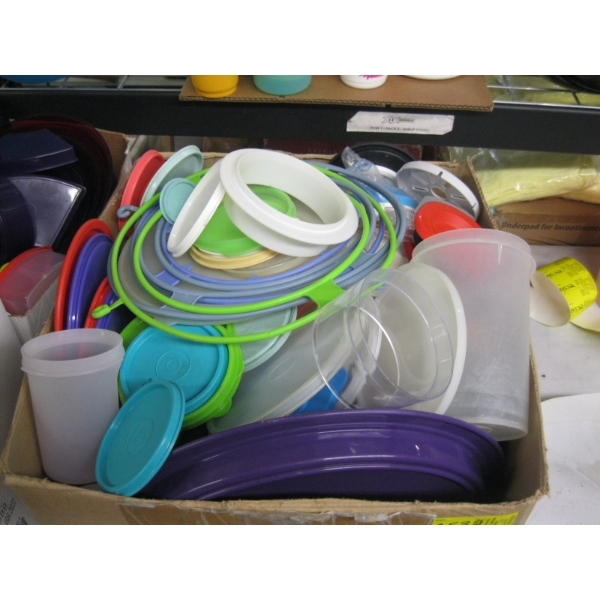 LG. LOT OF MISC. ROUND TUPPERWARE LIDS & SOME CONTAINERS