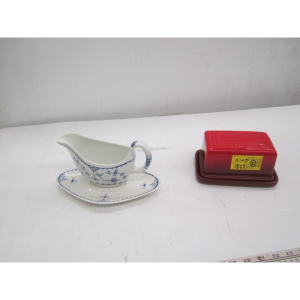 BLUE & WHITE GRAVY BOAT & SAUCER (MADE IN GERMANY) & A LE CREUSET BUTTER DISH 