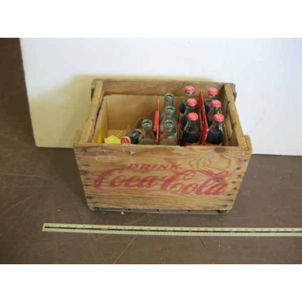 ORIGINAL WOODEN COKE CRATE W/COKE BOTTLES - SOME FULL