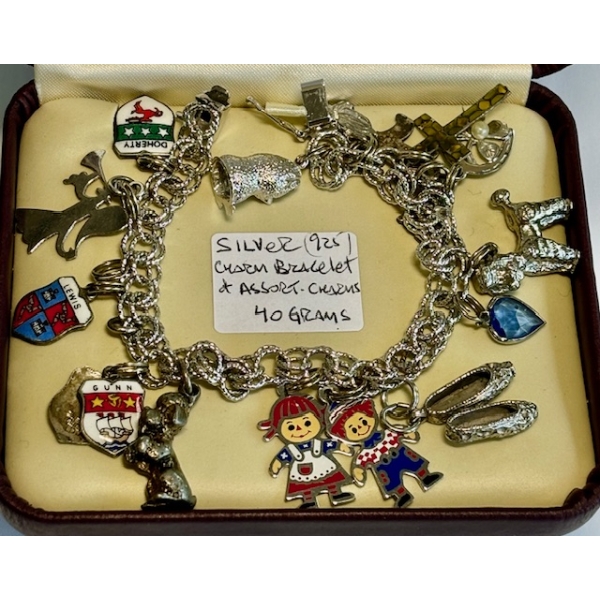 SILVER .925 CHARM BRACELET W/ASST. CHARMS, 40G