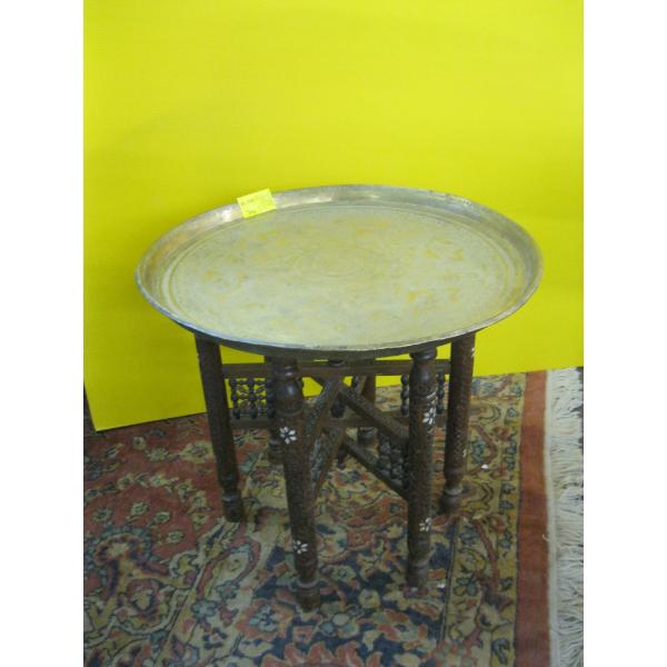 FOLDING BRASS TOP 6 LEG CARVED TABLE