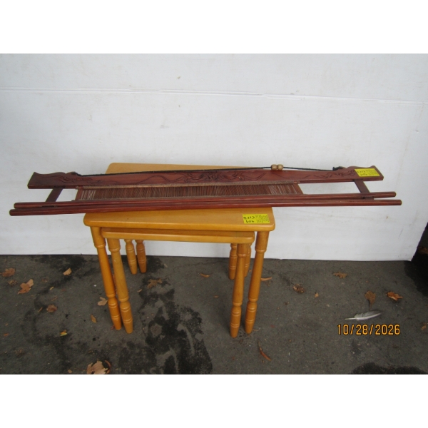 PAIR OF NESTING TABLES & A RUG DISPLAY HOLDER