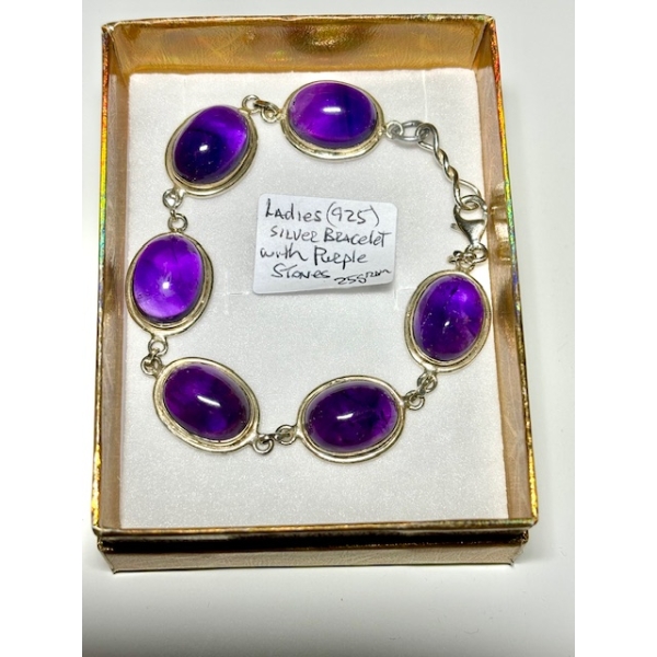 LADIES .925 SILVER BRACELET W/PURPLE STONE, 25G