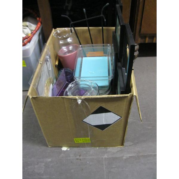 BIN OF MISC. VASES, CANNISTERS, PICTURE FRAME, ETC.