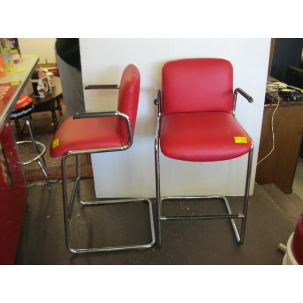 2 RED/CHROME BAR STOOLS W/HANDLES