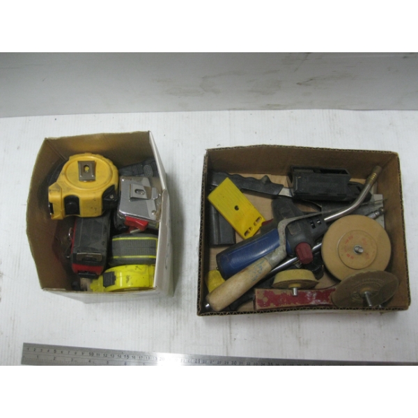 2 BOXES OF MISC. TOOLS, TORCH HEAD TAPE MEASURES, ETC.