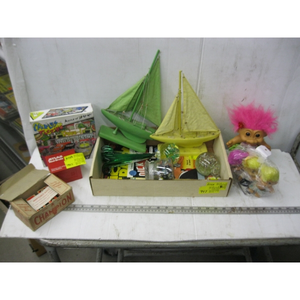 MISC. SAILBOATS, MARBLES, SPARKPLUGS, ETC.