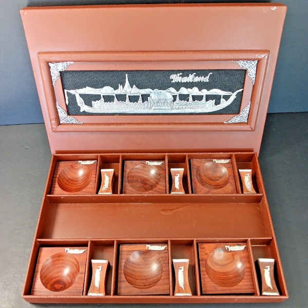 THAILAND SUSHI DINNER SET FOR 6 - WOOD W/DECORATIVE METAL TRIM