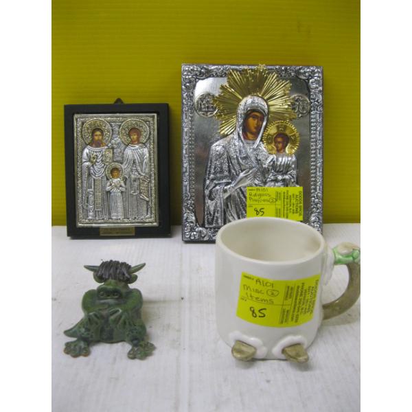 MISC. ITEMS - CERAMIC DRAGON FIGURINE, MUG & 2 RELIGIOUS PLAQUES