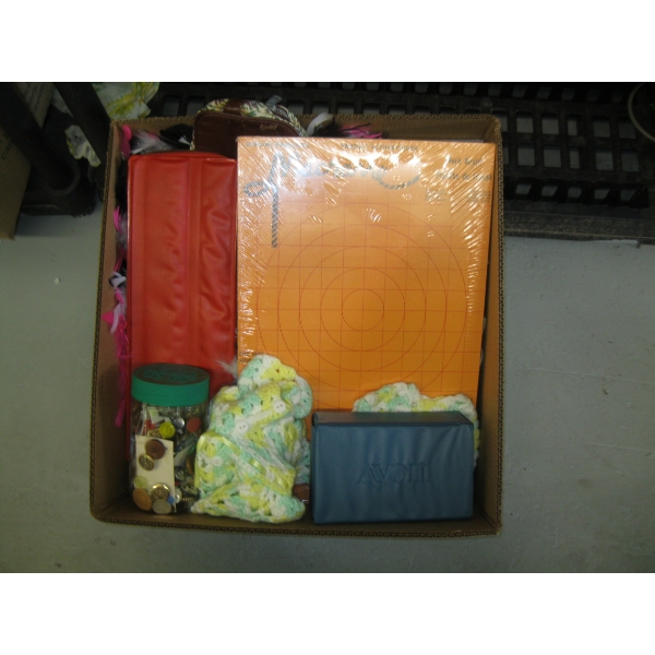 BOX OF MISC. - KNITTING NEEDLES, FEATHER BOA, ETC.