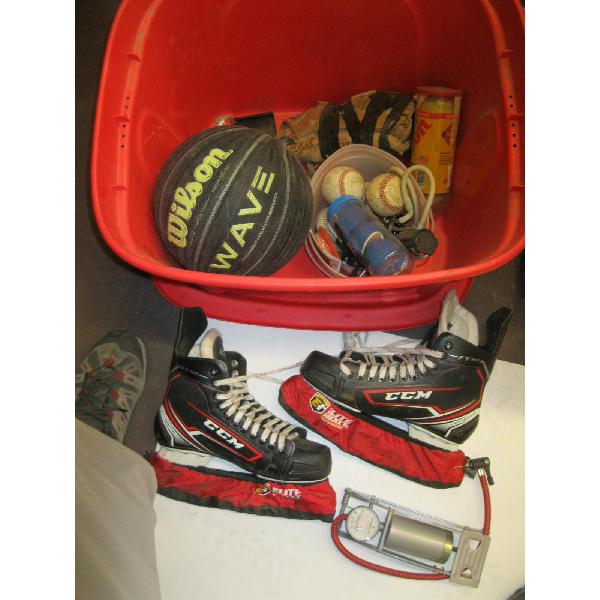 PAIR OF SKATES, SZ 10, A BASKETBALL, TENNIS BALLS, BASEBALL GLOVES, ETC.