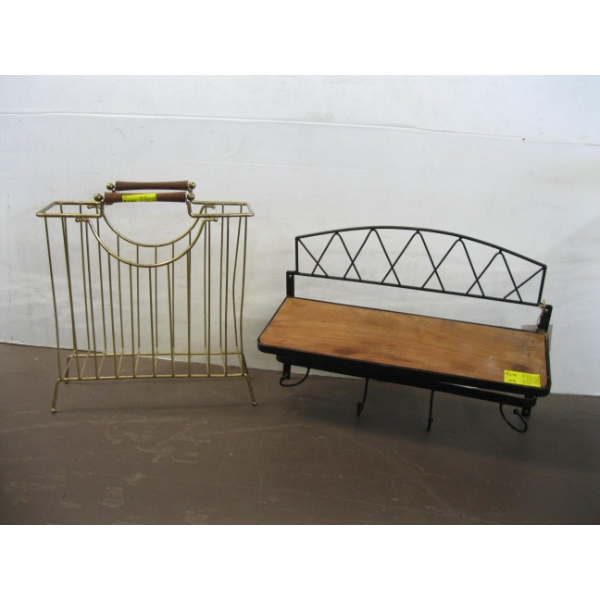 BRASS NEWSPAPER RACK & A SHELVED WALL MOUNT COAT HANGAR