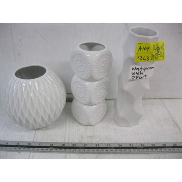 3 WEST GERMAN WHITE OPART VASES