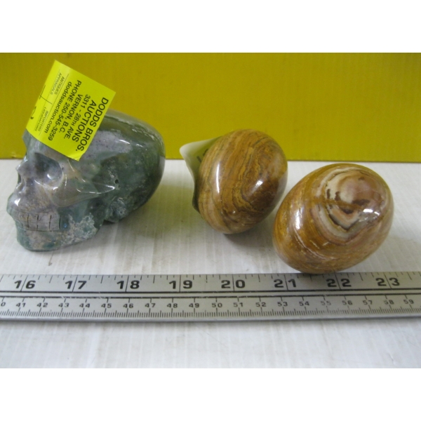 2 POLISHED MARBLE EGGS & A MARBLE SKELETON HEAD