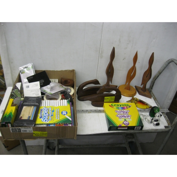 MISC. WOODEN FIGURINES, PENCIL CRAYONS & FELT PENS, COLORING BOOKS, ETC.